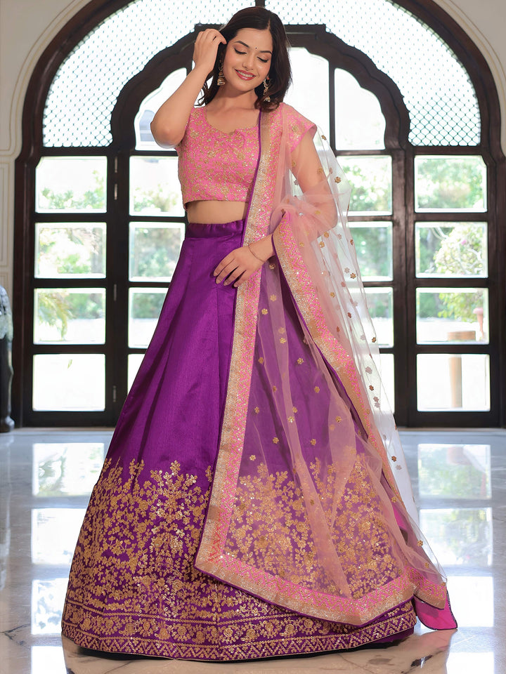 Fascinate Purple Zari Embroidery Mulberry Silk Lehenga Choli With Dupatta