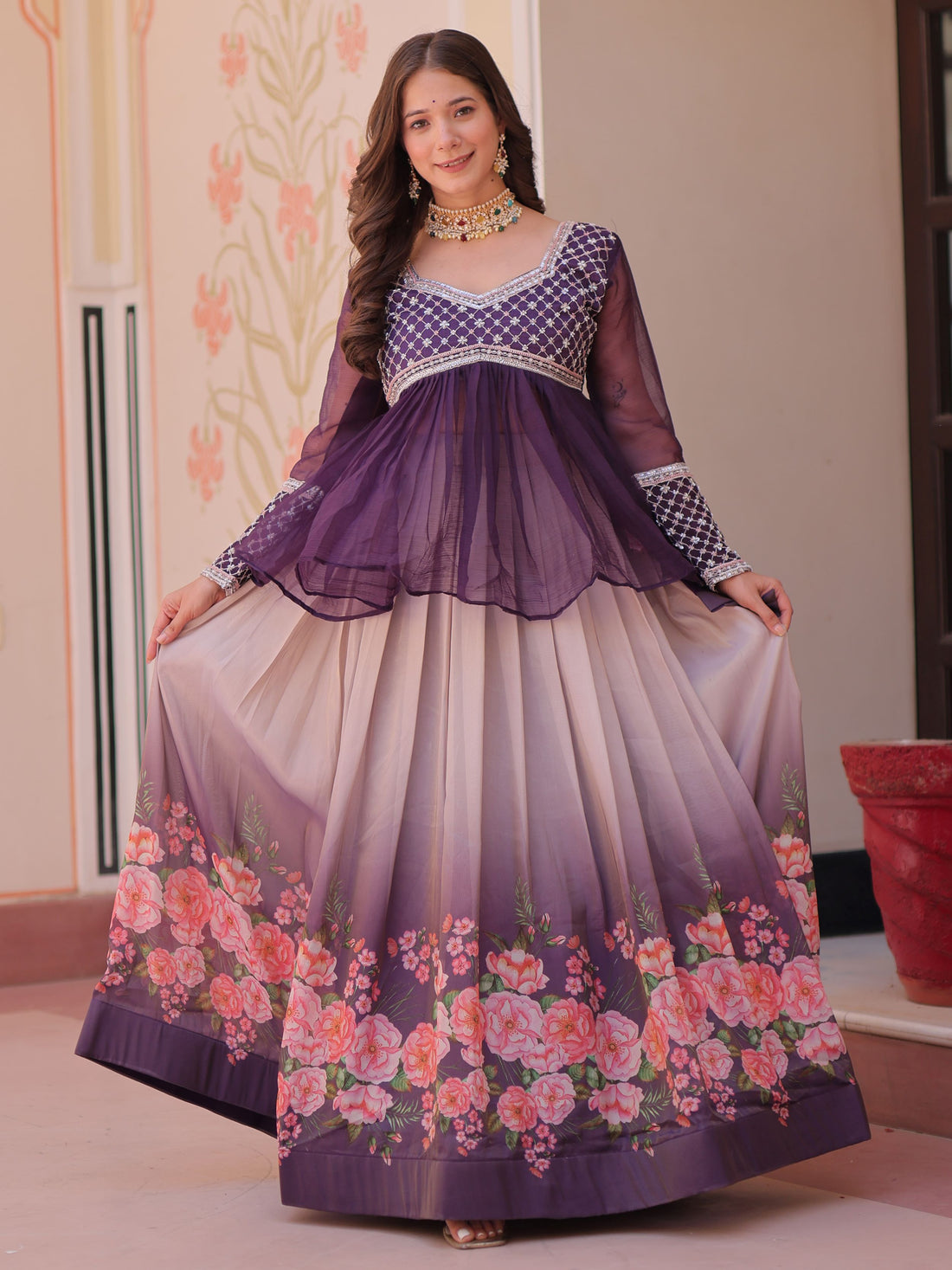 Notable Purple Bead Work Silk Wedding Wear Lehenga With Peplum Top