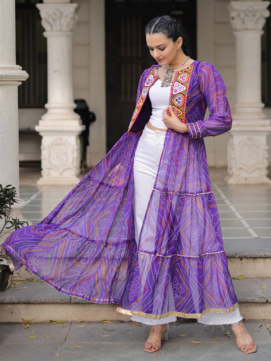 Lovable Purple Kutchi Patch Work Georgette Multi Layer Shrug