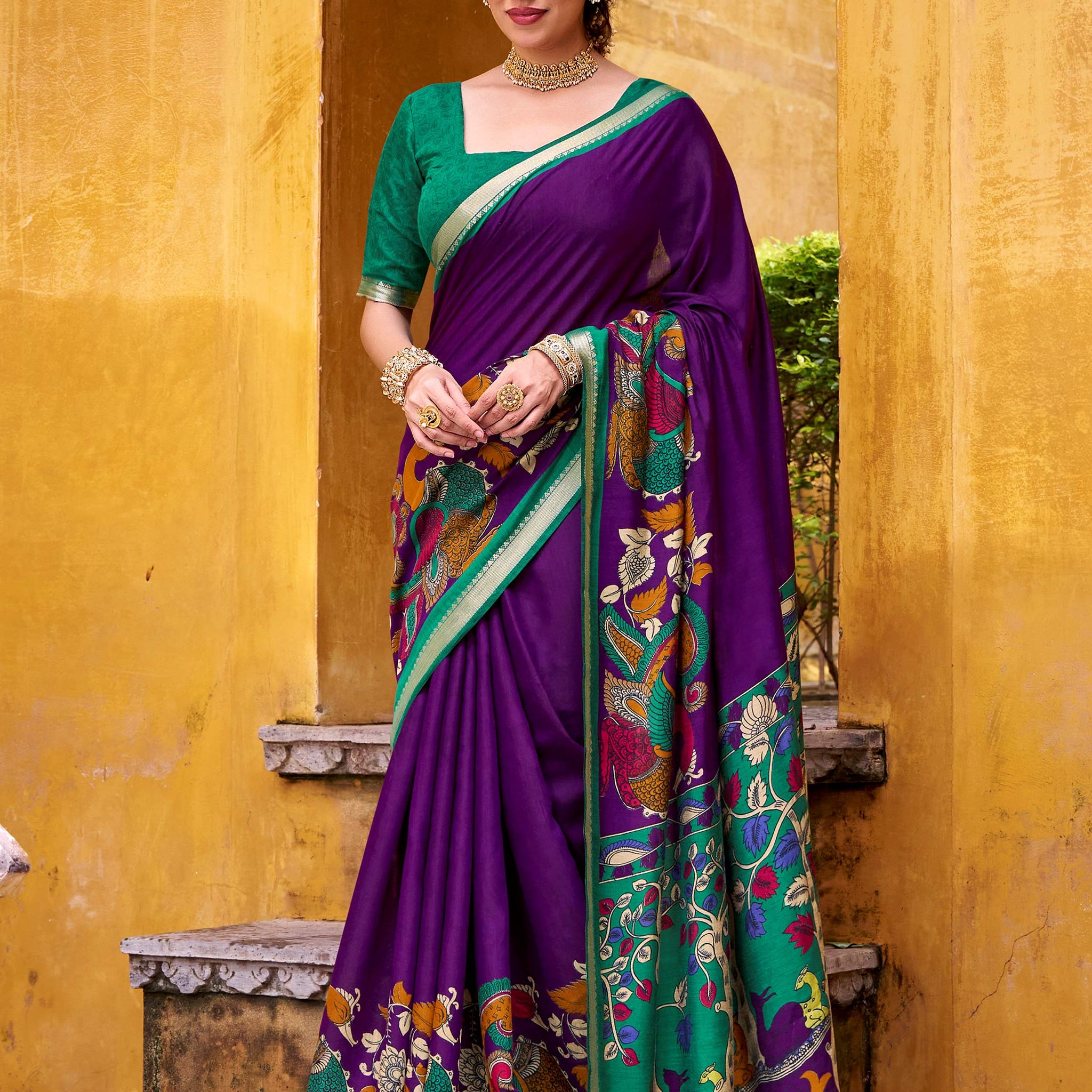 Regal Purple Kalamkari Print Chanderi Silk Festive Wear Saree With Blouse