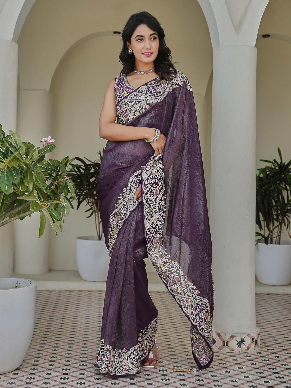 Terrific Purple Embroidered Border Organza Wedding Wear Saree With Blouse