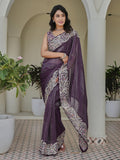 Terrific Purple Embroidered Border Organza Wedding Wear Saree With Blouse