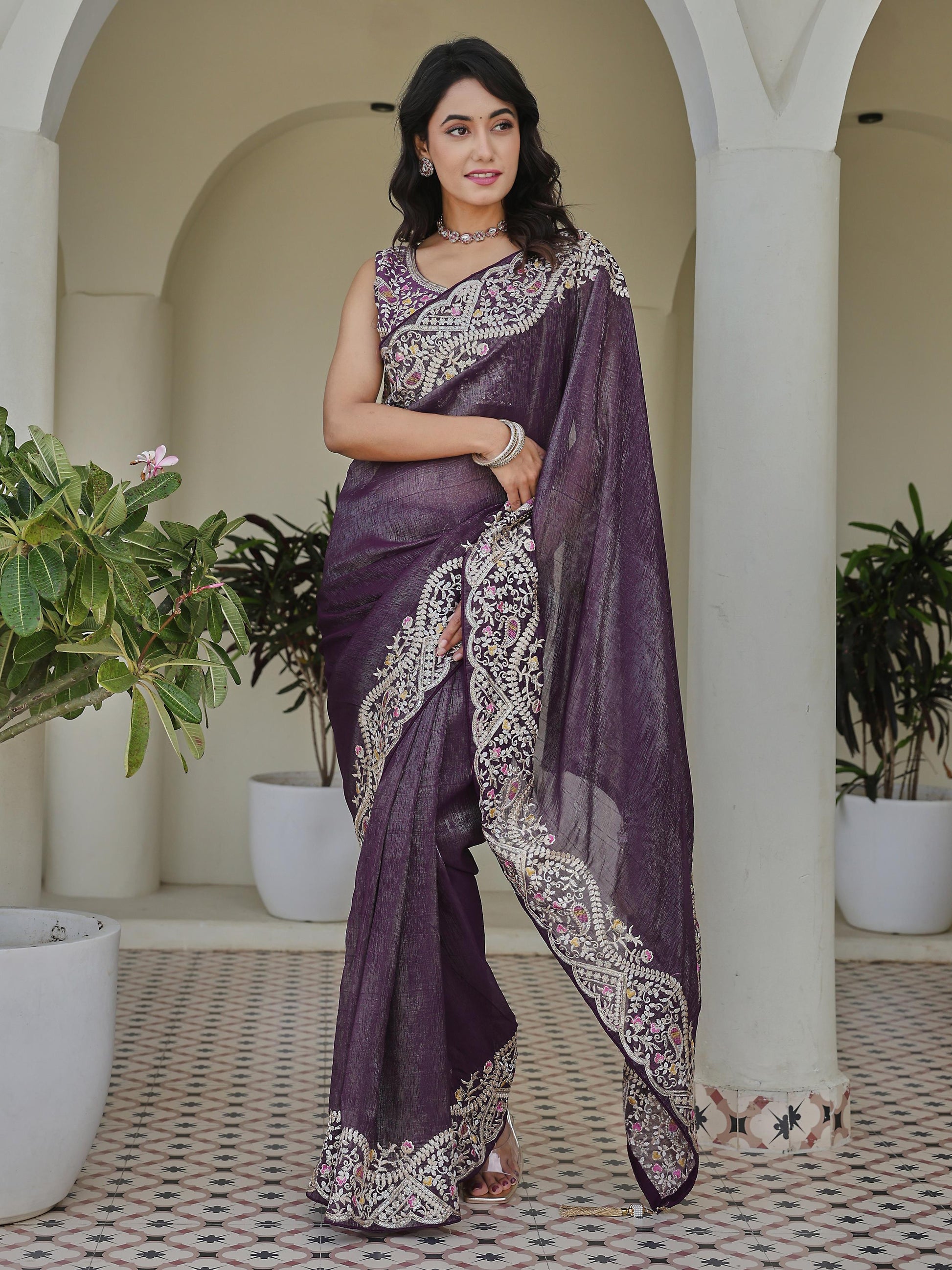 Terrific Purple Embroidered Border Organza Wedding Wear Saree With Blouse