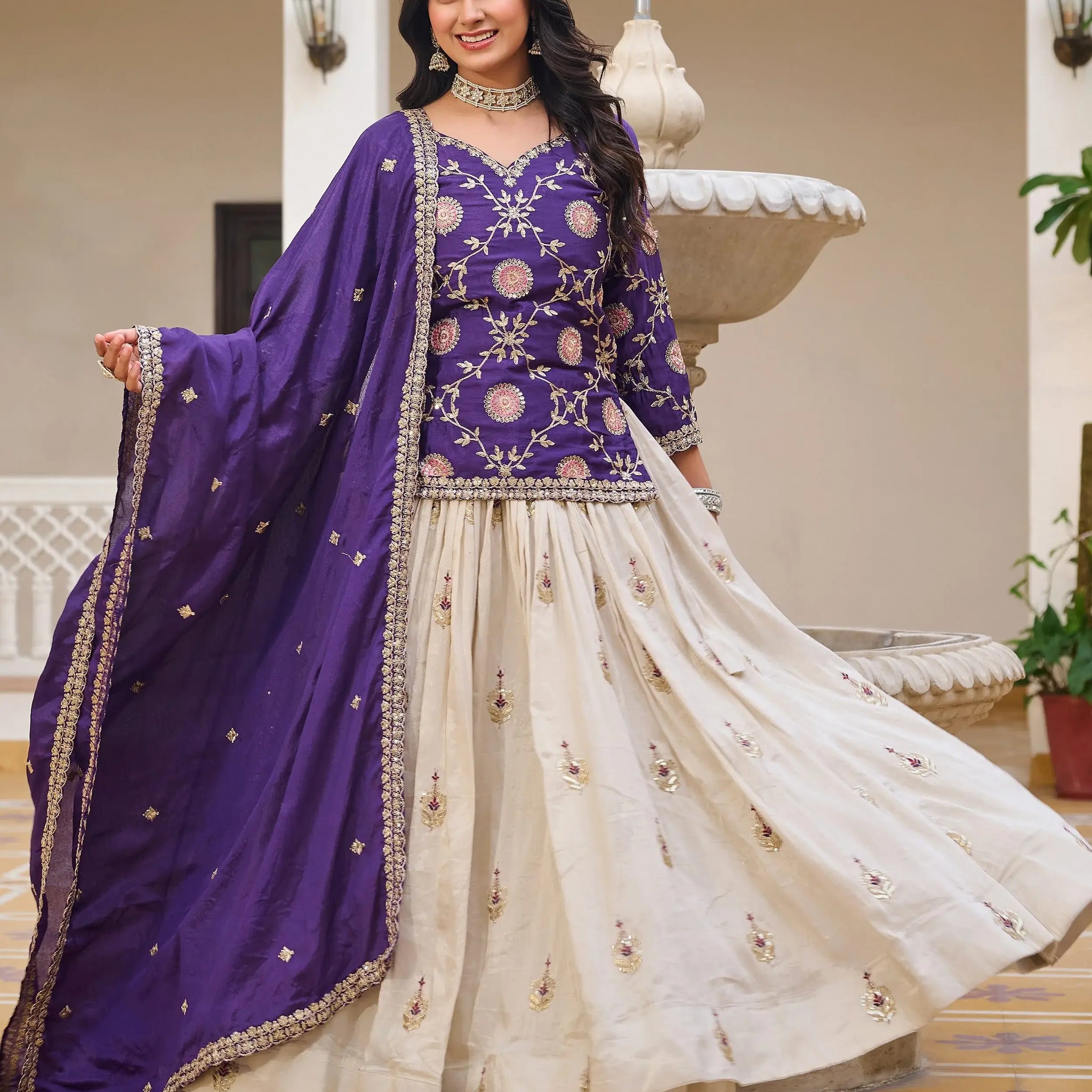 Attractive Beige Sequins Tissue Wedding Wear Lehenga With Long Choli