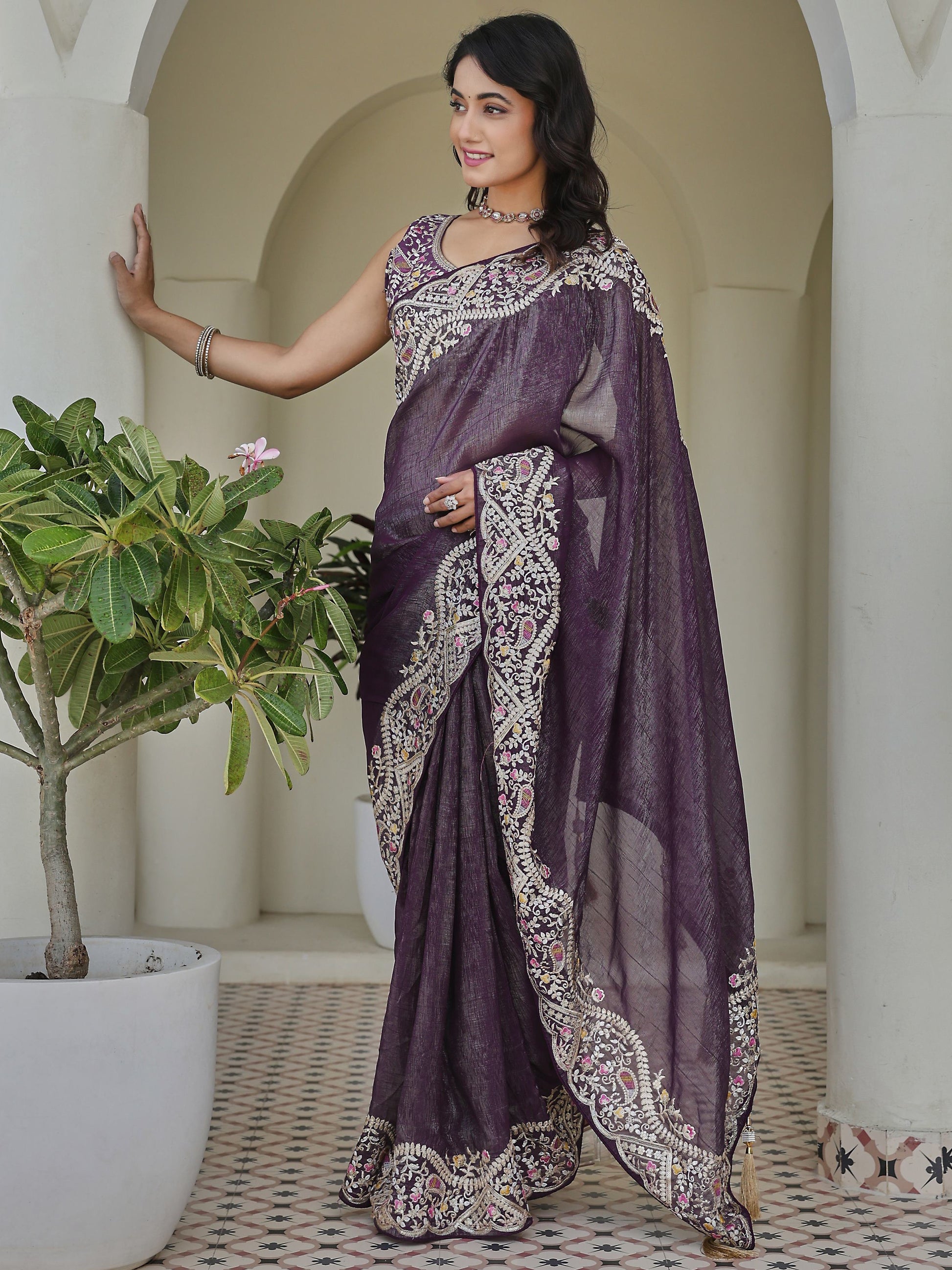 Terrific Purple Embroidered Border Organza Wedding Wear Saree With Blouse