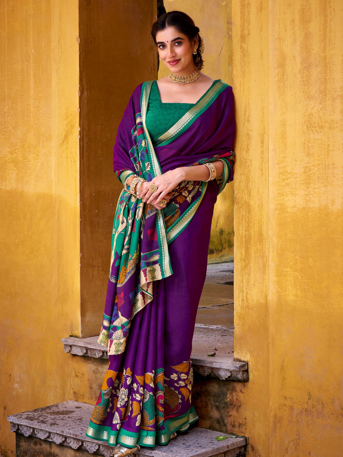 Regal Purple Kalamkari Print Chanderi Silk Festive Wear Saree With Blouse