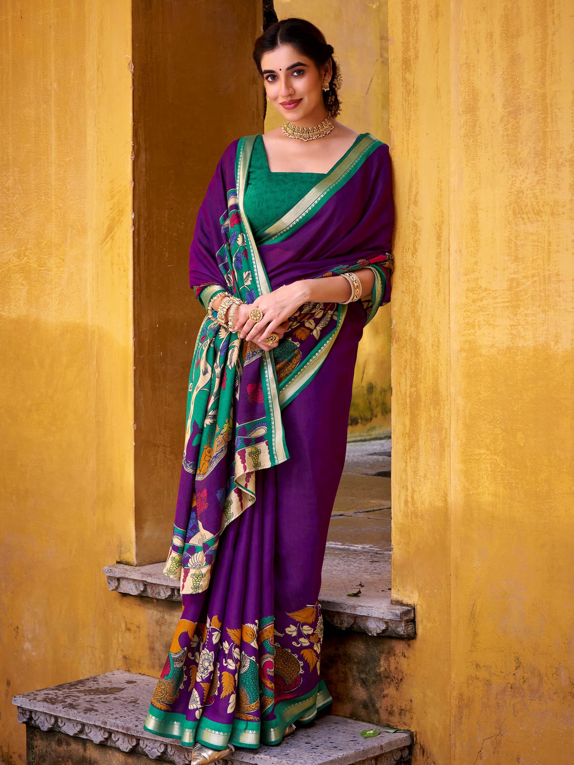 Regal Purple Kalamkari Print Chanderi Silk Festive Wear Saree With Blouse