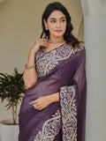 Terrific Purple Embroidered Border Organza Wedding Wear Saree With Blouse