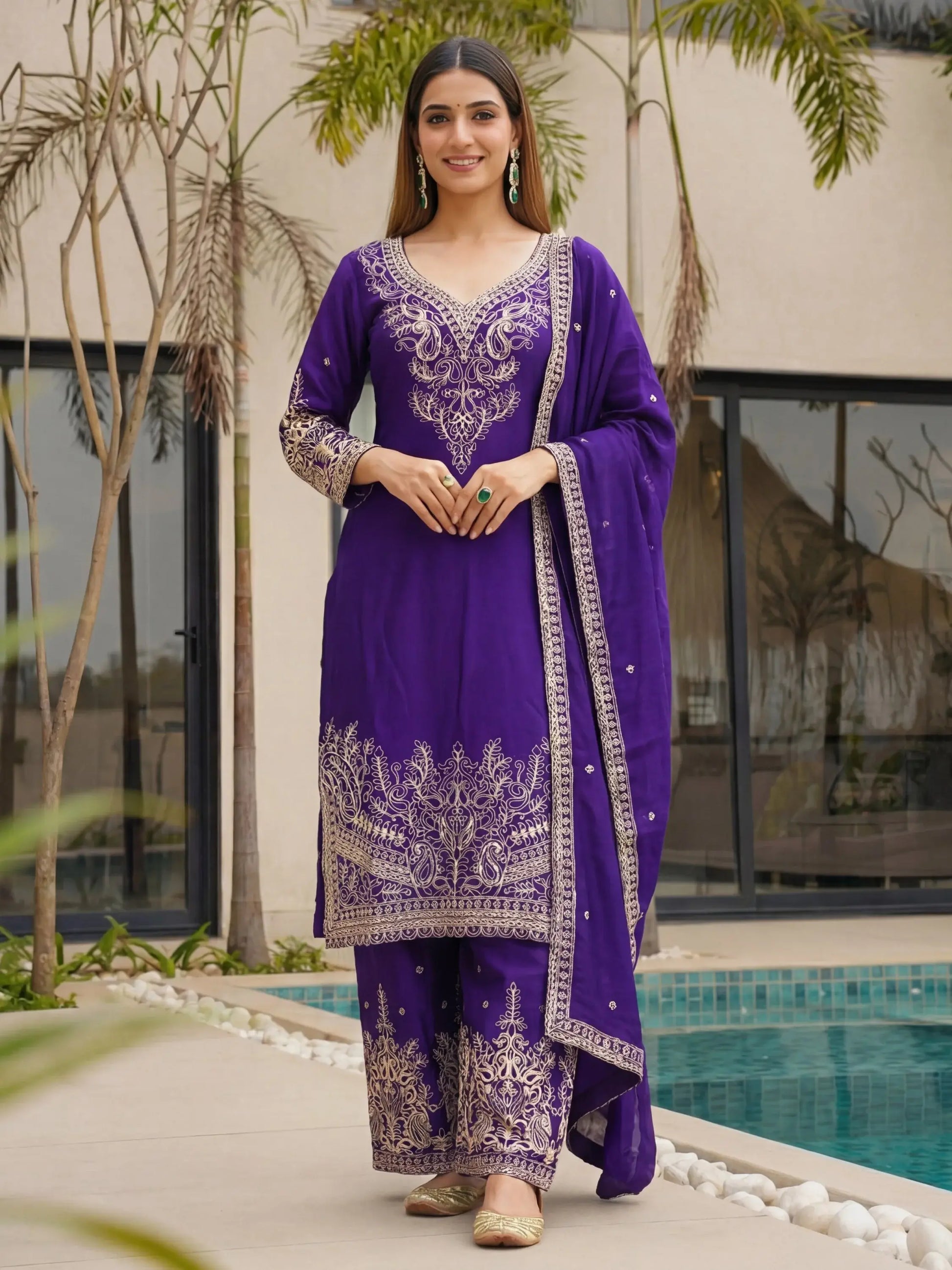 Excellent Purple Embroidered Chinon Festive Wear Palazzo Suit