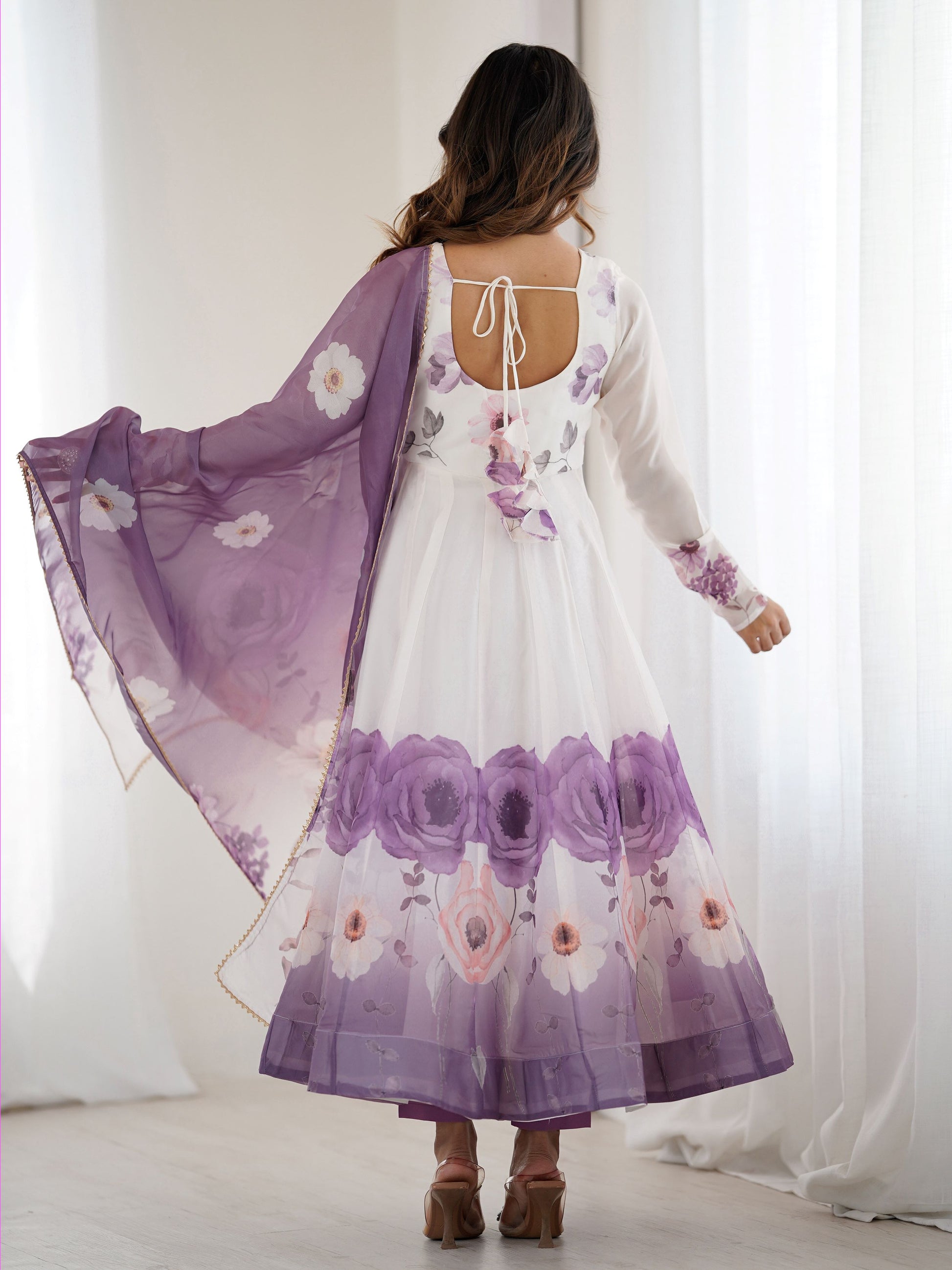 Rich Mauve Floral Printed Organza Event Wear Anarkali Suit With Dupatta