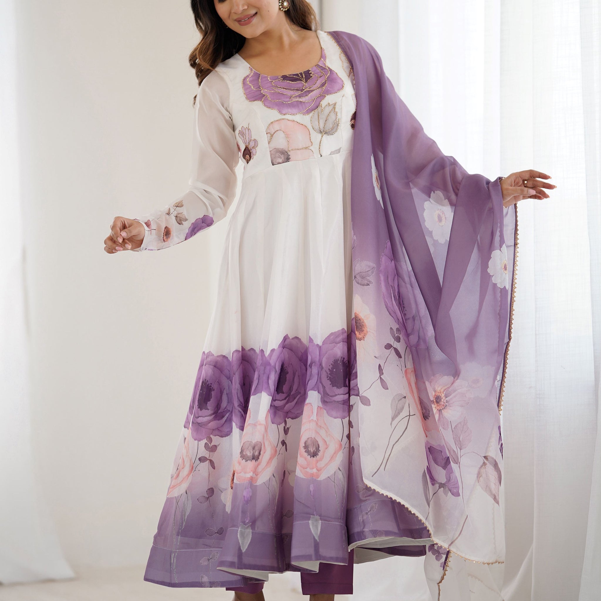 Rich Mauve Floral Printed Organza Event Wear Anarkali Suit With Dupatta