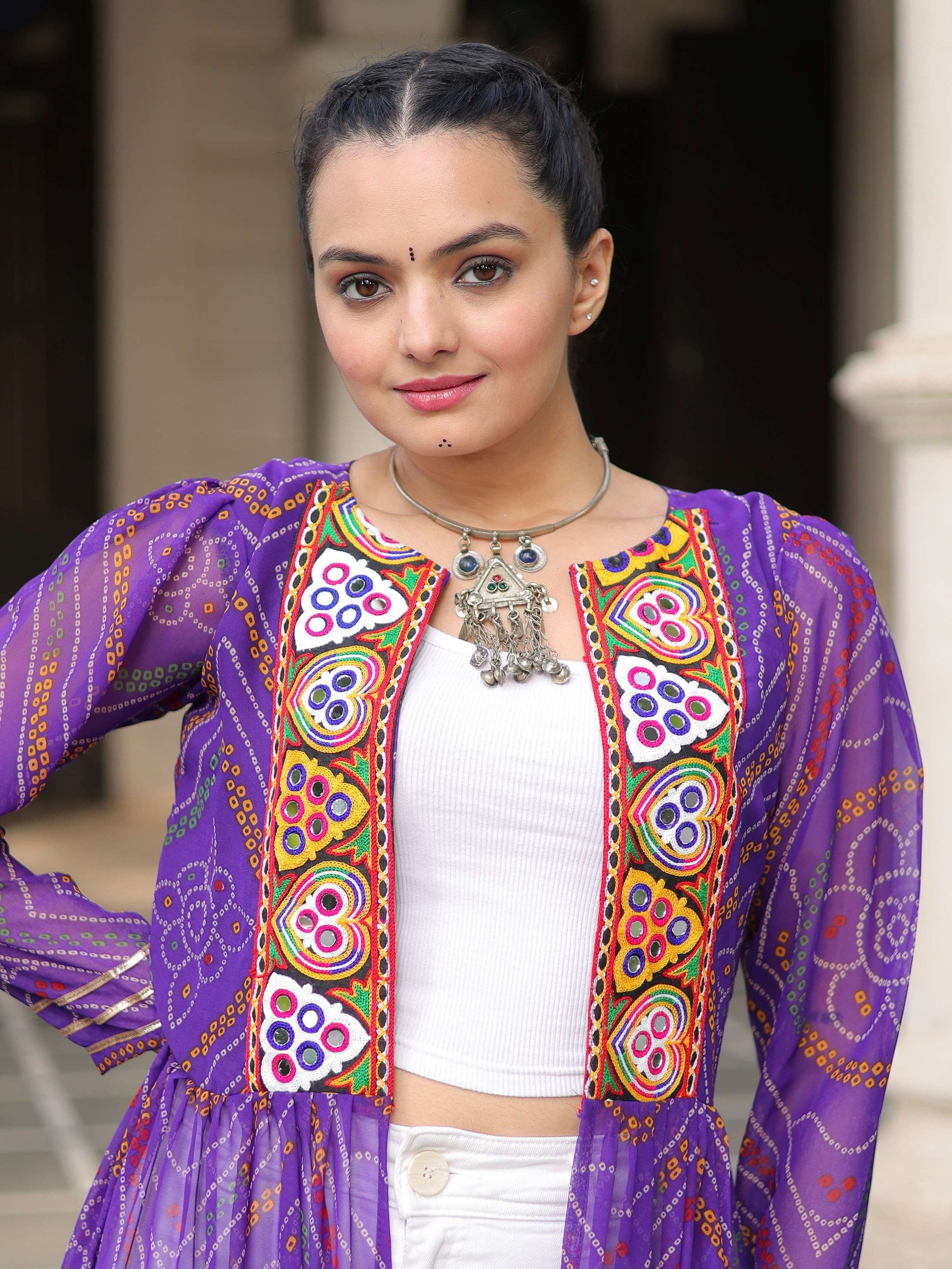 Lovable Purple Kutchi Patch Work Georgette Multi Layer Shrug