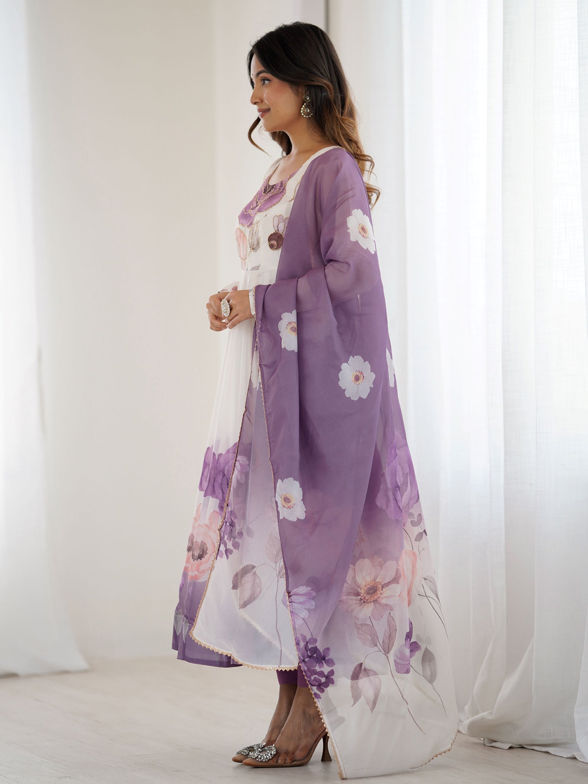 Rich Mauve Floral Printed Organza Event Wear Anarkali Suit With Dupatta