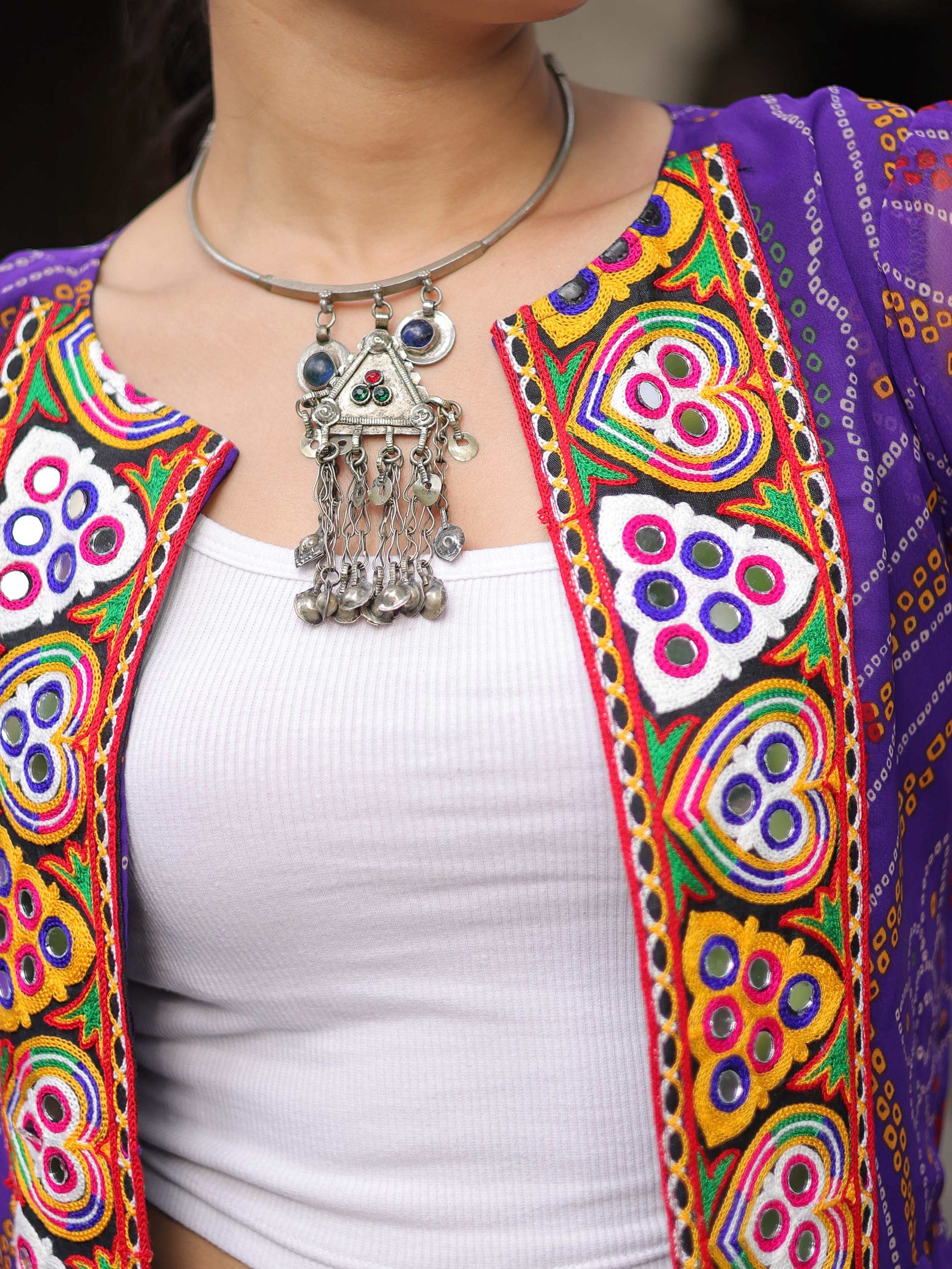 Lovable Purple Kutchi Patch Work Georgette Multi Layer Shrug