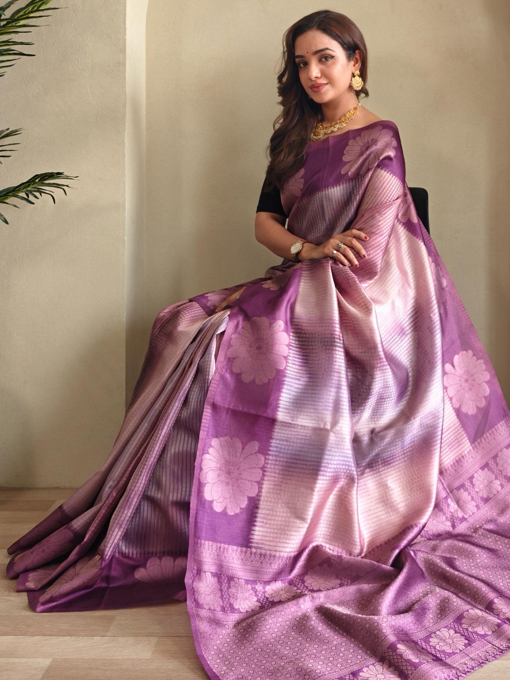 Incredible Purple Zari Weaving Silk Festive Wear Saree With Blouse