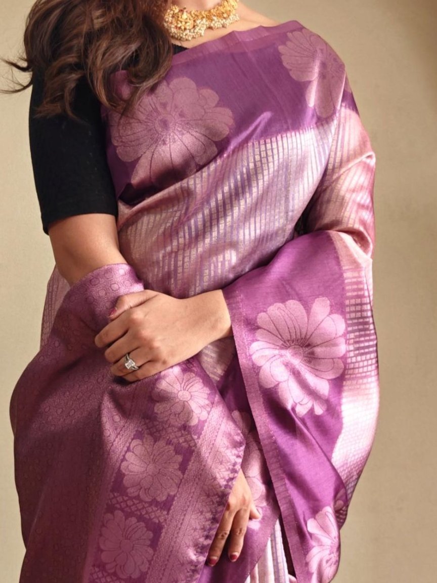 Incredible Purple Zari Weaving Silk Festive Wear Saree With Blouse