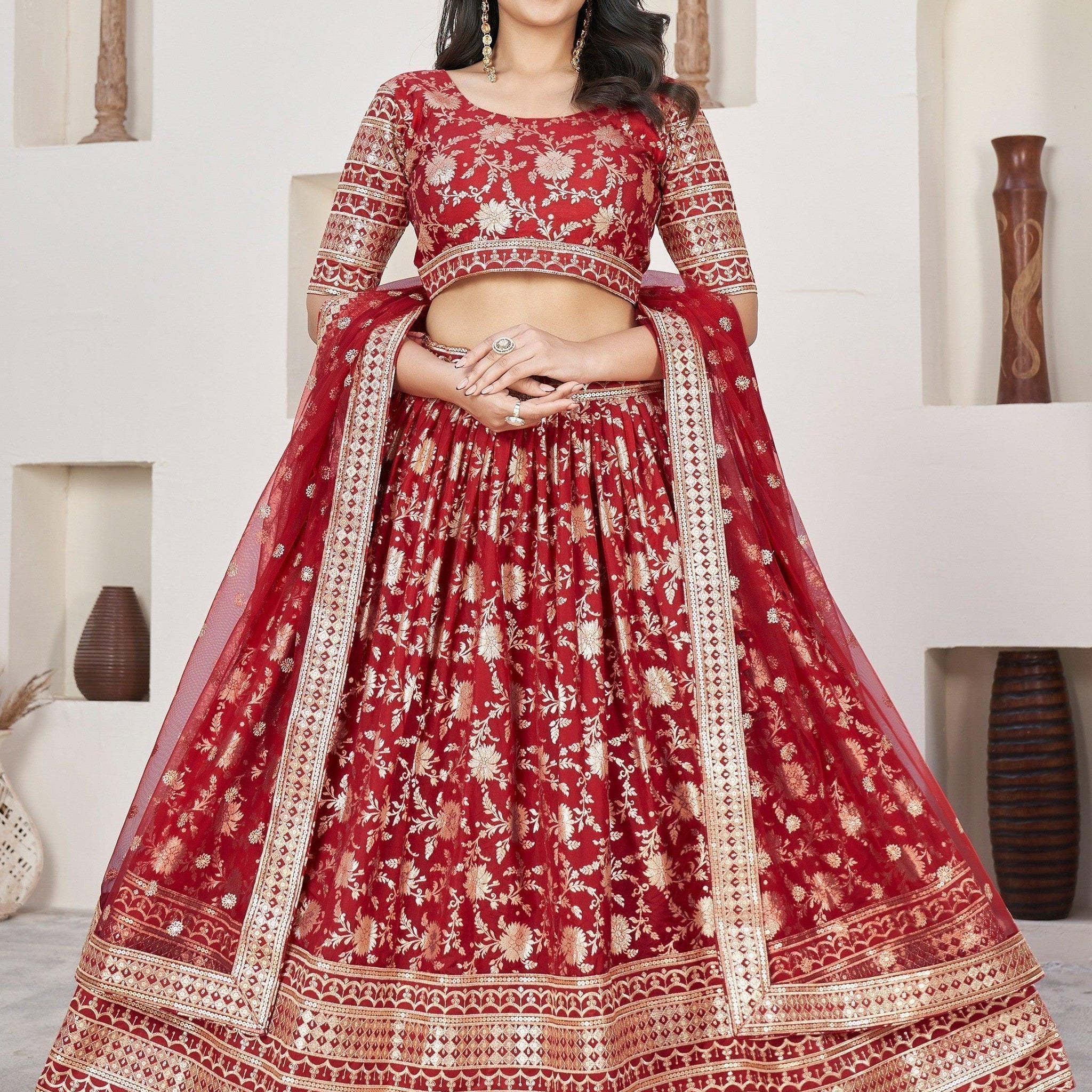 Beautiful Red Zari Work Jacquard Reception Wear Lehenga Choli