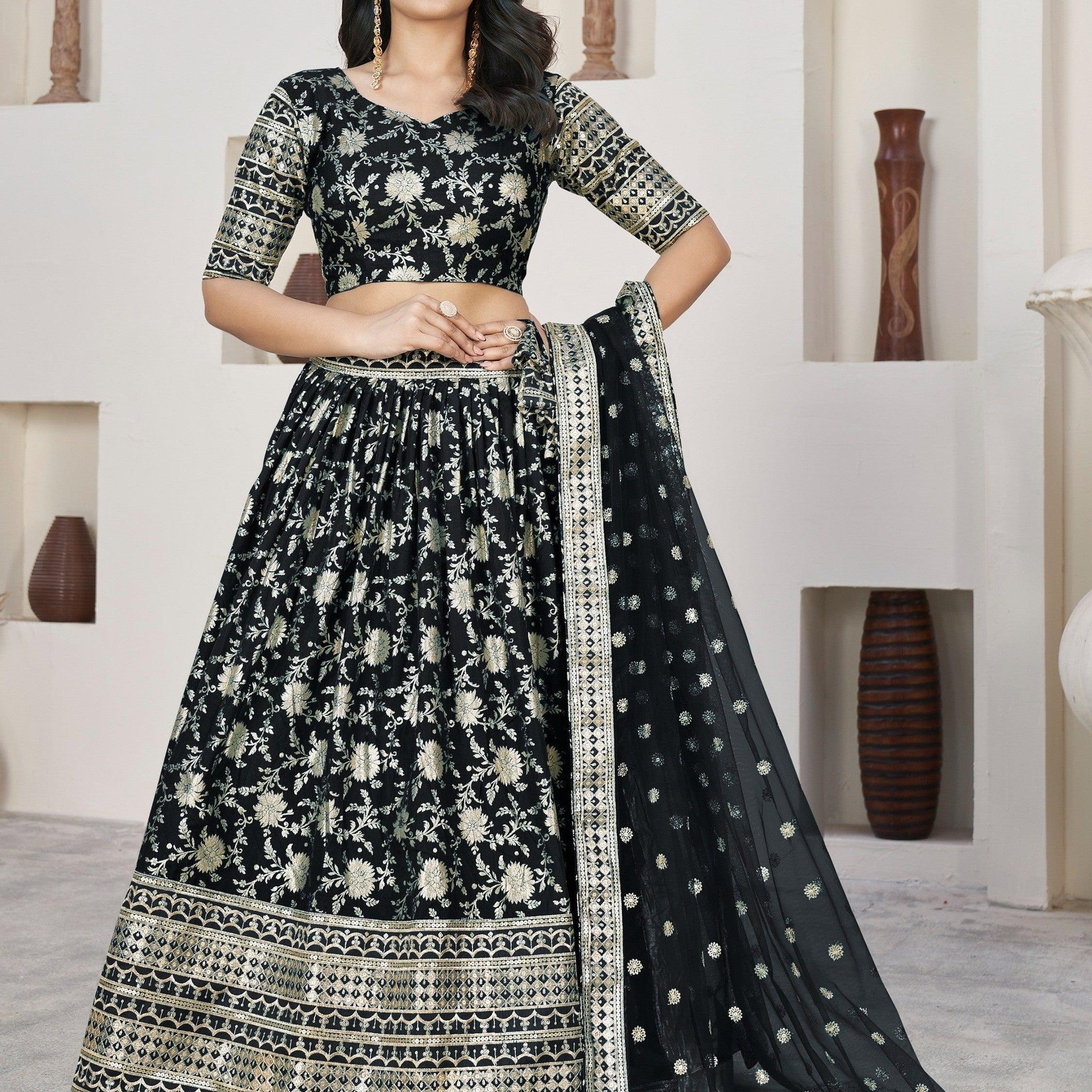 Outlandish Black Zari Work Jacquard Reception Wear Lehenga Choli