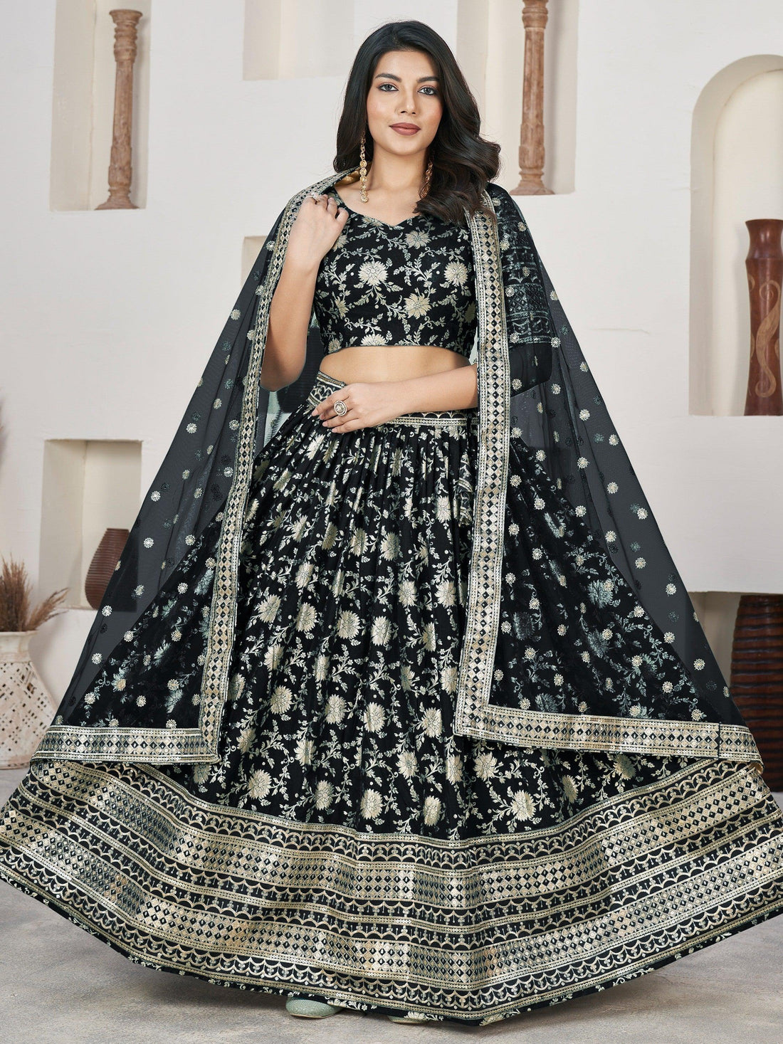 Outlandish Black Zari Work Jacquard Reception Wear Lehenga Choli