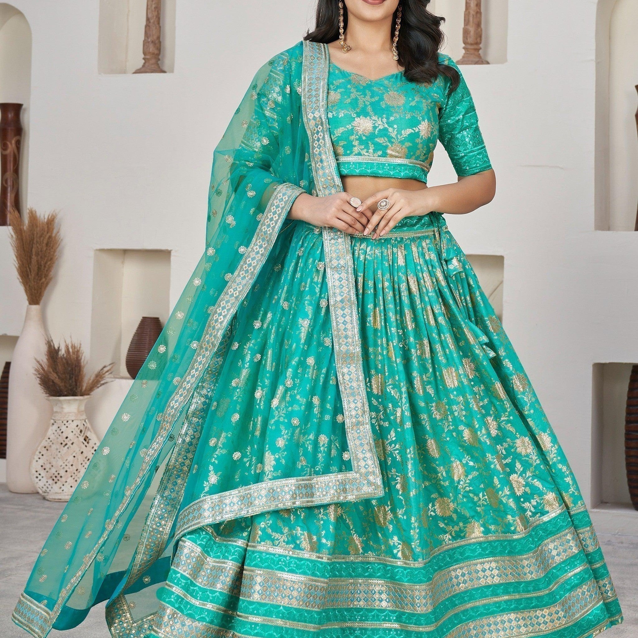 Wonderful Sea Green Zari Work Jacquard Sangeet Wear Lehenga Choli