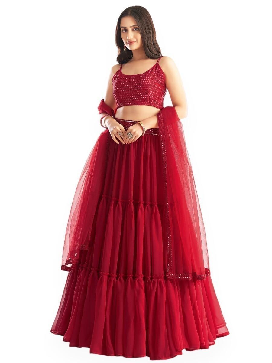 Engaging Red Sequins Georgette Designer Lehenga Choli With Dupatta