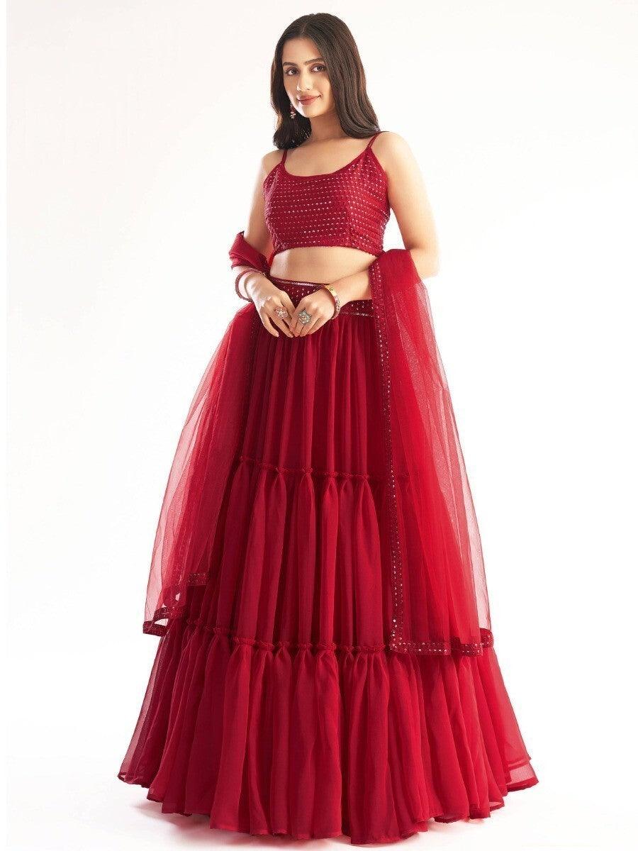 Engaging Red Sequins Georgette Designer Lehenga Choli With Dupatta