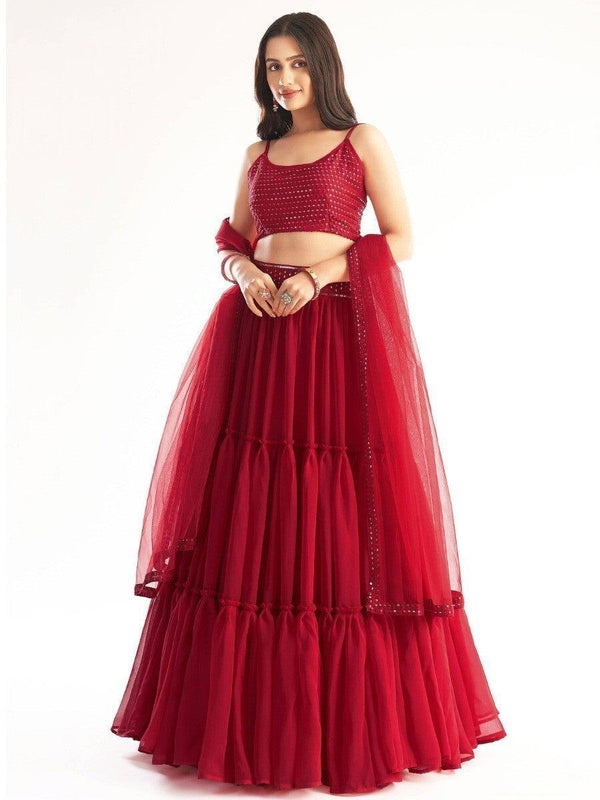Engaging Red Sequins Georgette Designer Lehenga Choli With Dupatta