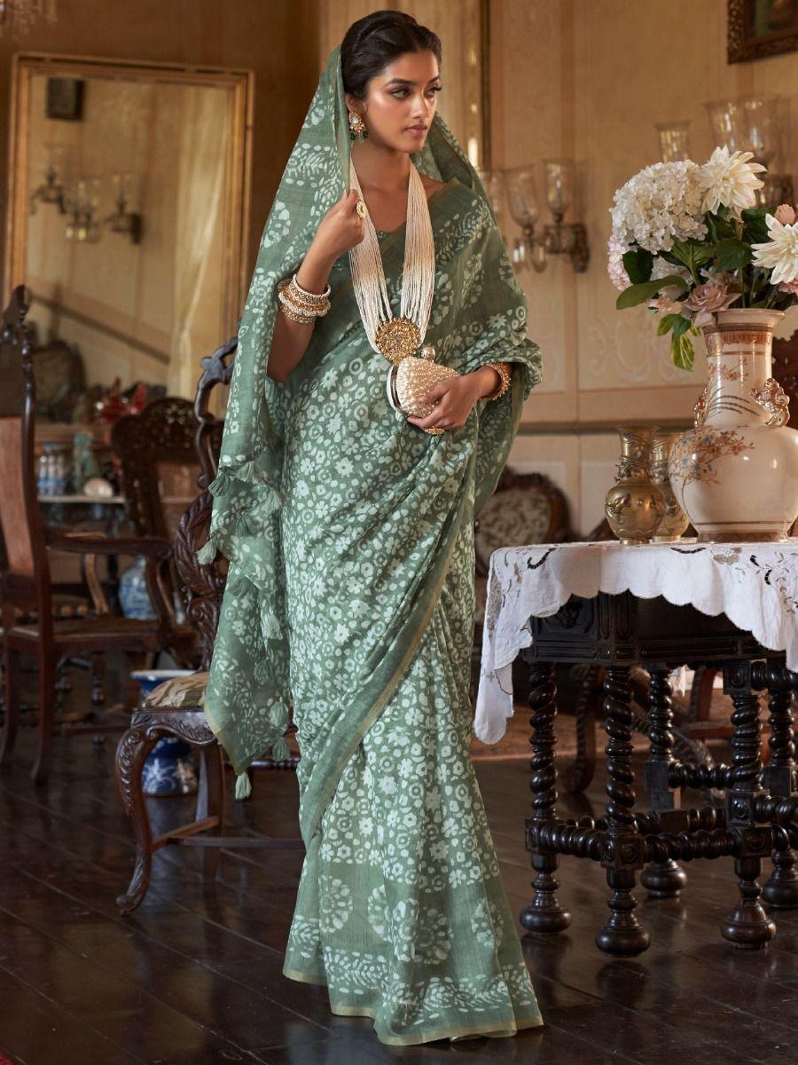 Designating Green Floral Printed Cotton Contemporary Wear Saree