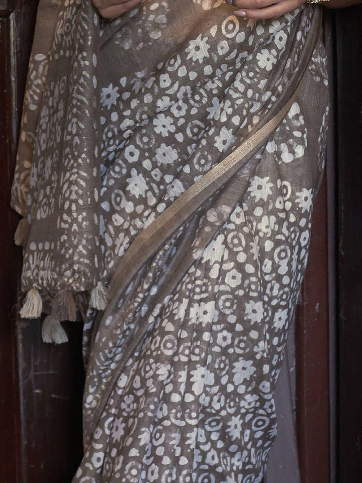 Attractive Brown Floral Printed Cotton Festival Wear Saree With Blouse