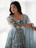 Radian Sky Blue Floral Print Organza Designer Anarkali Suit With Dupatta - Zeel Clothing