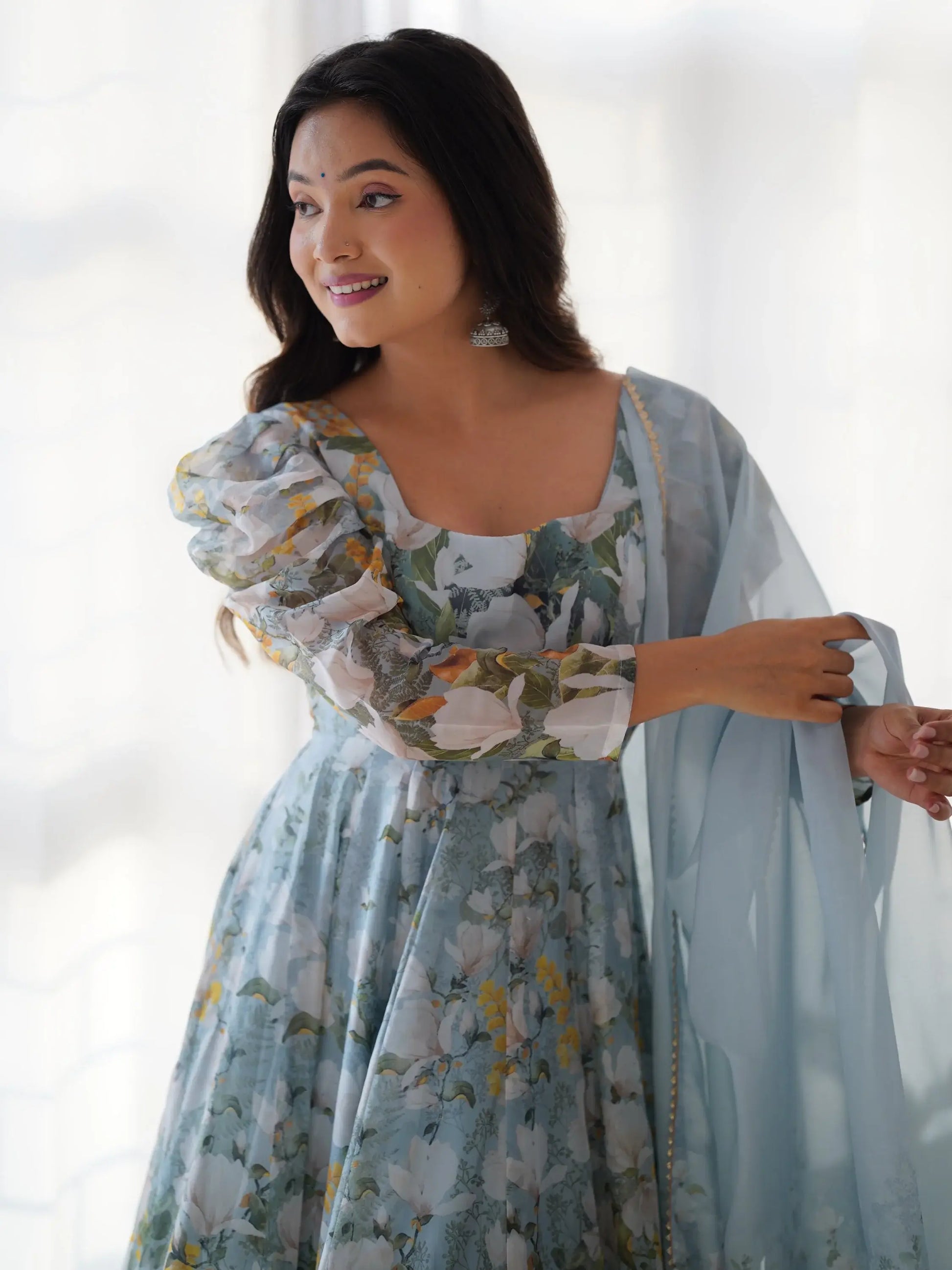 Radian Sky Blue Floral Print Organza Designer Anarkali Suit With Dupatta - Zeel Clothing