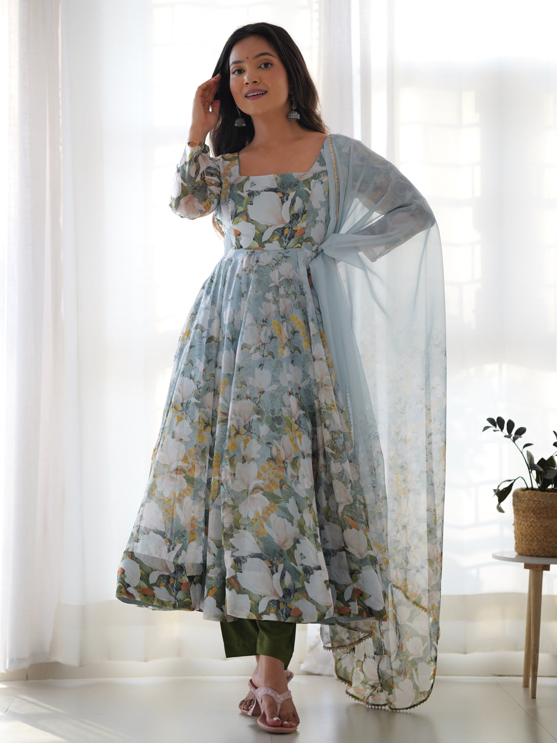 Radian Sky Blue Floral Print Organza Designer Anarkali Suit With Dupatta - Zeel Clothing