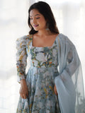 Radian Sky Blue Floral Print Organza Designer Anarkali Suit With Dupatta - Zeel Clothing