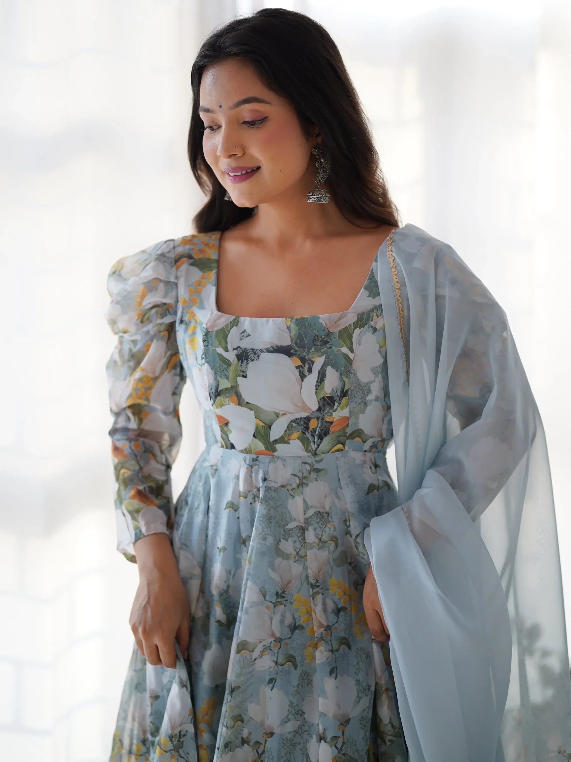 Radian Sky Blue Floral Print Organza Designer Anarkali Suit With Dupatta - Zeel Clothing