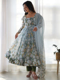 Radian Sky Blue Floral Print Organza Designer Anarkali Suit With Dupatta - Zeel Clothing