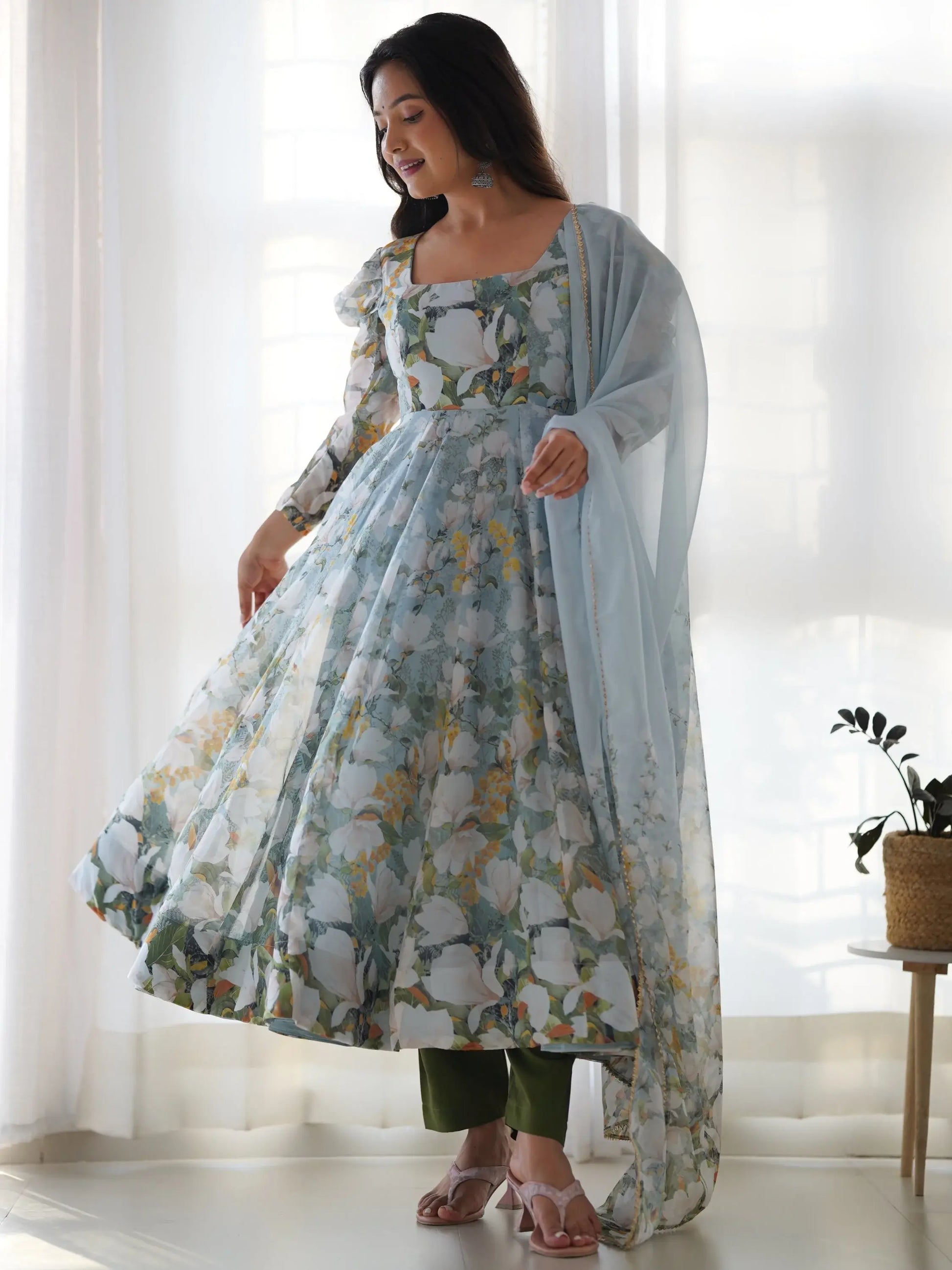 Radian Sky Blue Floral Print Organza Designer Anarkali Suit With Dupatta - Zeel Clothing