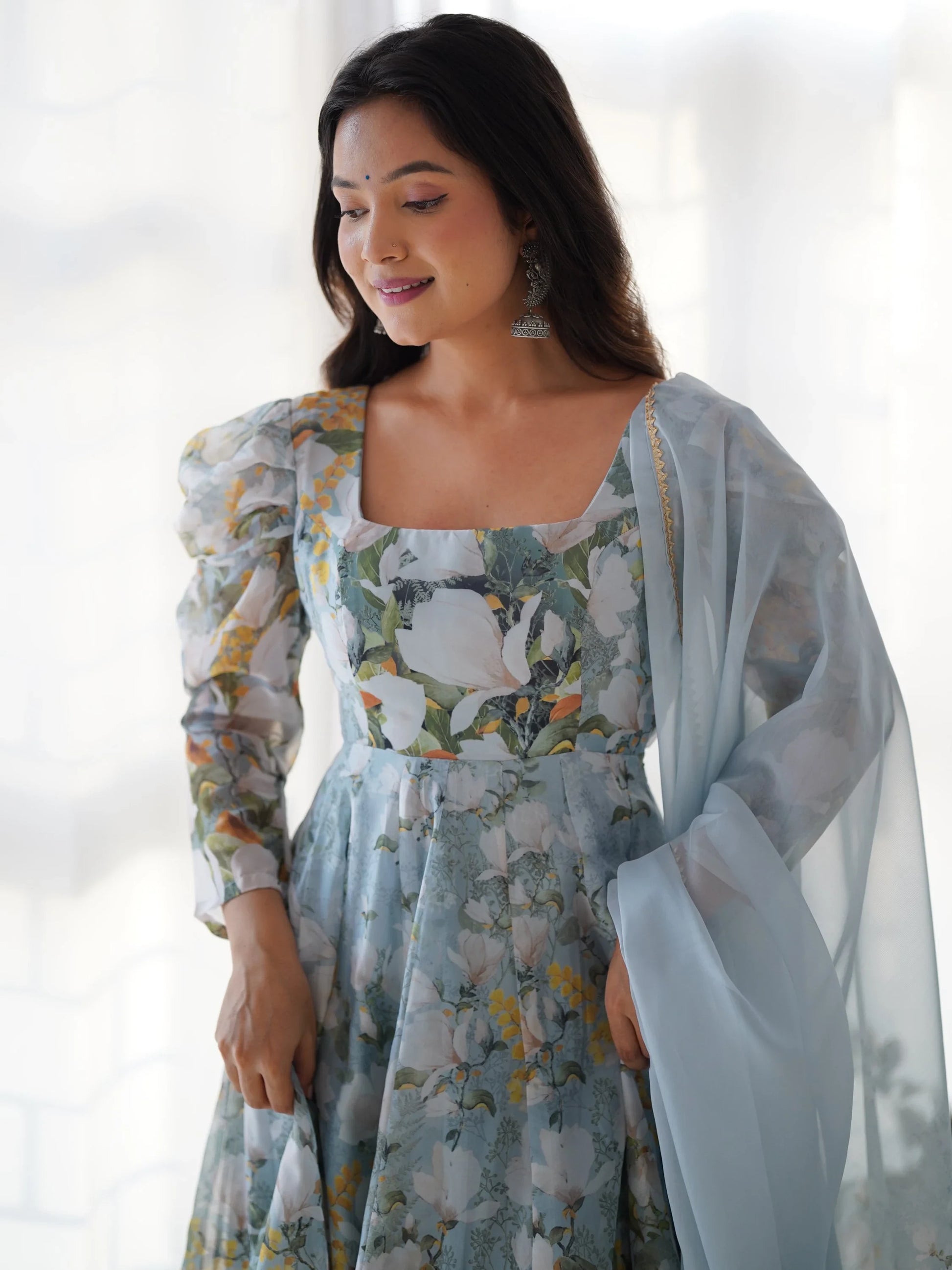 Radian Sky Blue Floral Print Organza Designer Anarkali Suit With Dupatta - Zeel Clothing