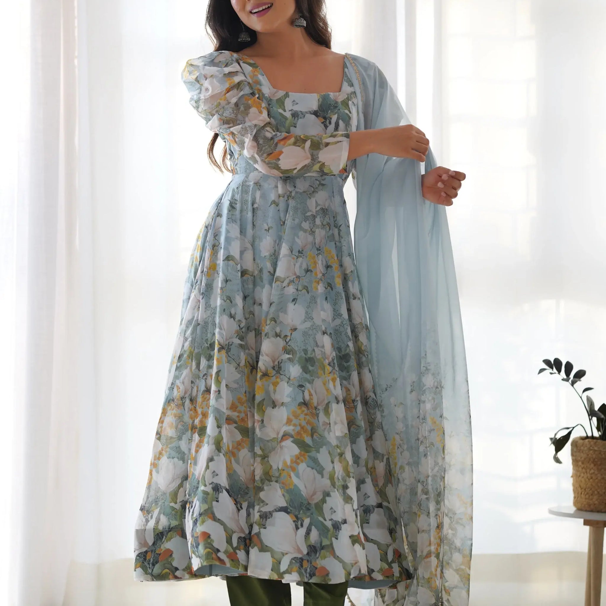 Radian Sky Blue Floral Print Organza Designer Anarkali Suit With Dupatta - Zeel Clothing