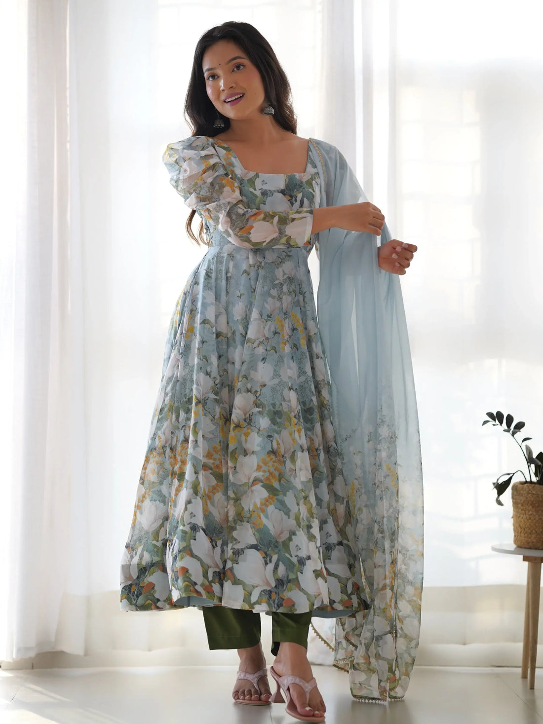 Radian Sky Blue Floral Print Organza Designer Anarkali Suit With Dupatta - Zeel Clothing
