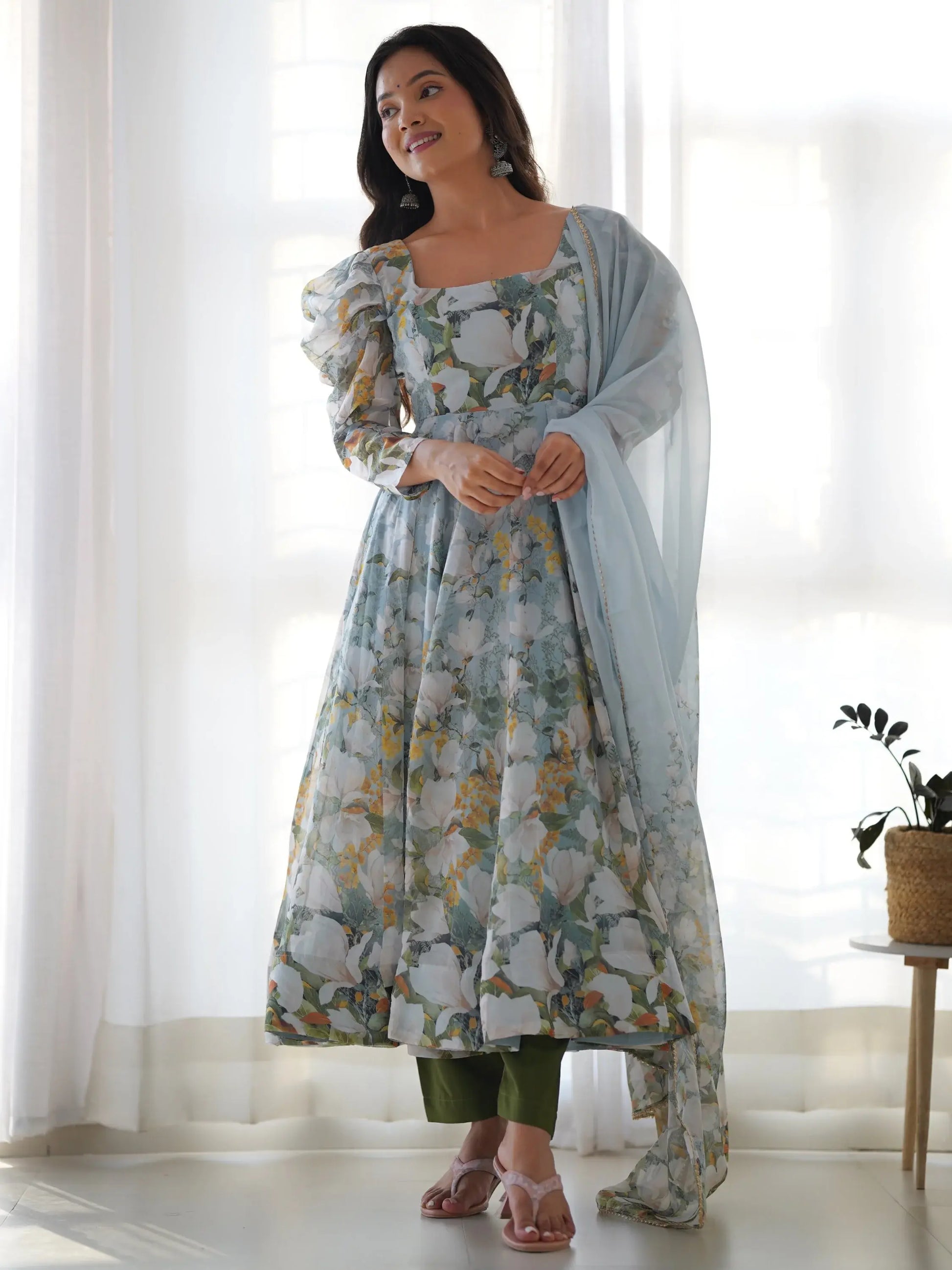 Radian Sky Blue Floral Print Organza Designer Anarkali Suit With Dupatta - Zeel Clothing