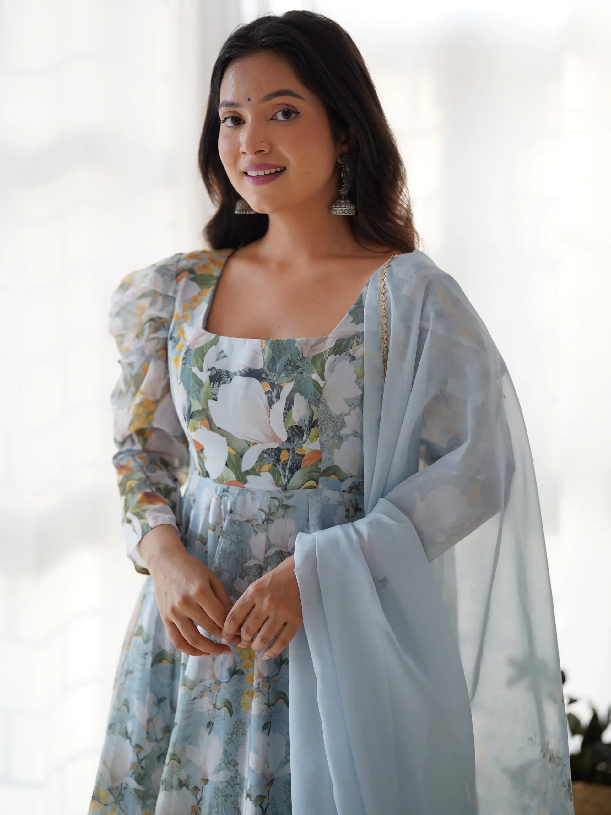 Radian Sky Blue Floral Print Organza Designer Anarkali Suit With Dupatta - Zeel Clothing