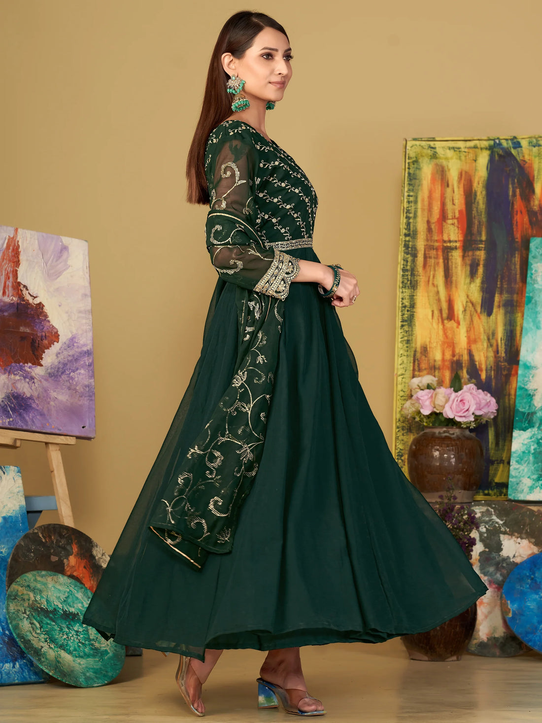 Radiant Green Sequins Georgette Anarkali Suit With Dupatta - Zeel Clothing