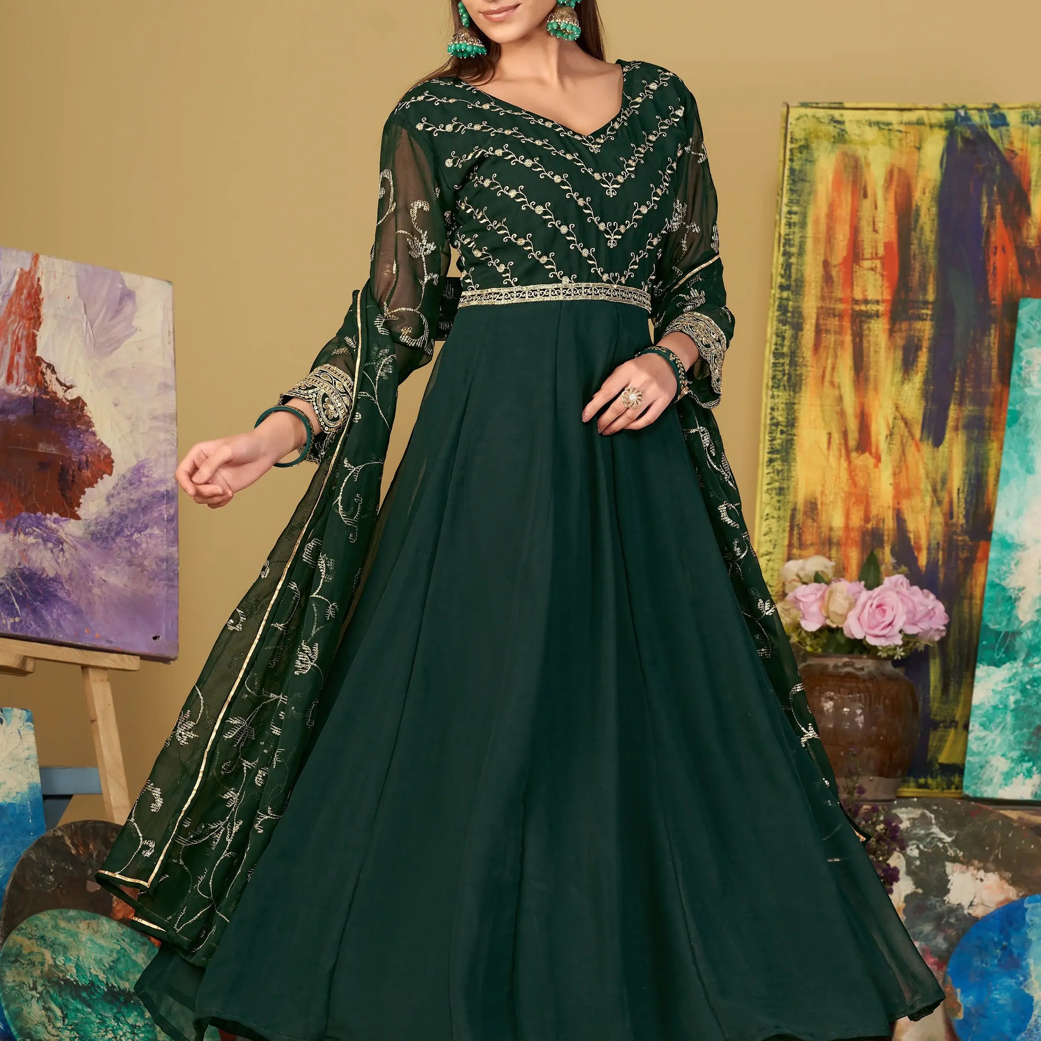 Radiant Green Sequins Georgette Anarkali Suit With Dupatta - Zeel Clothing