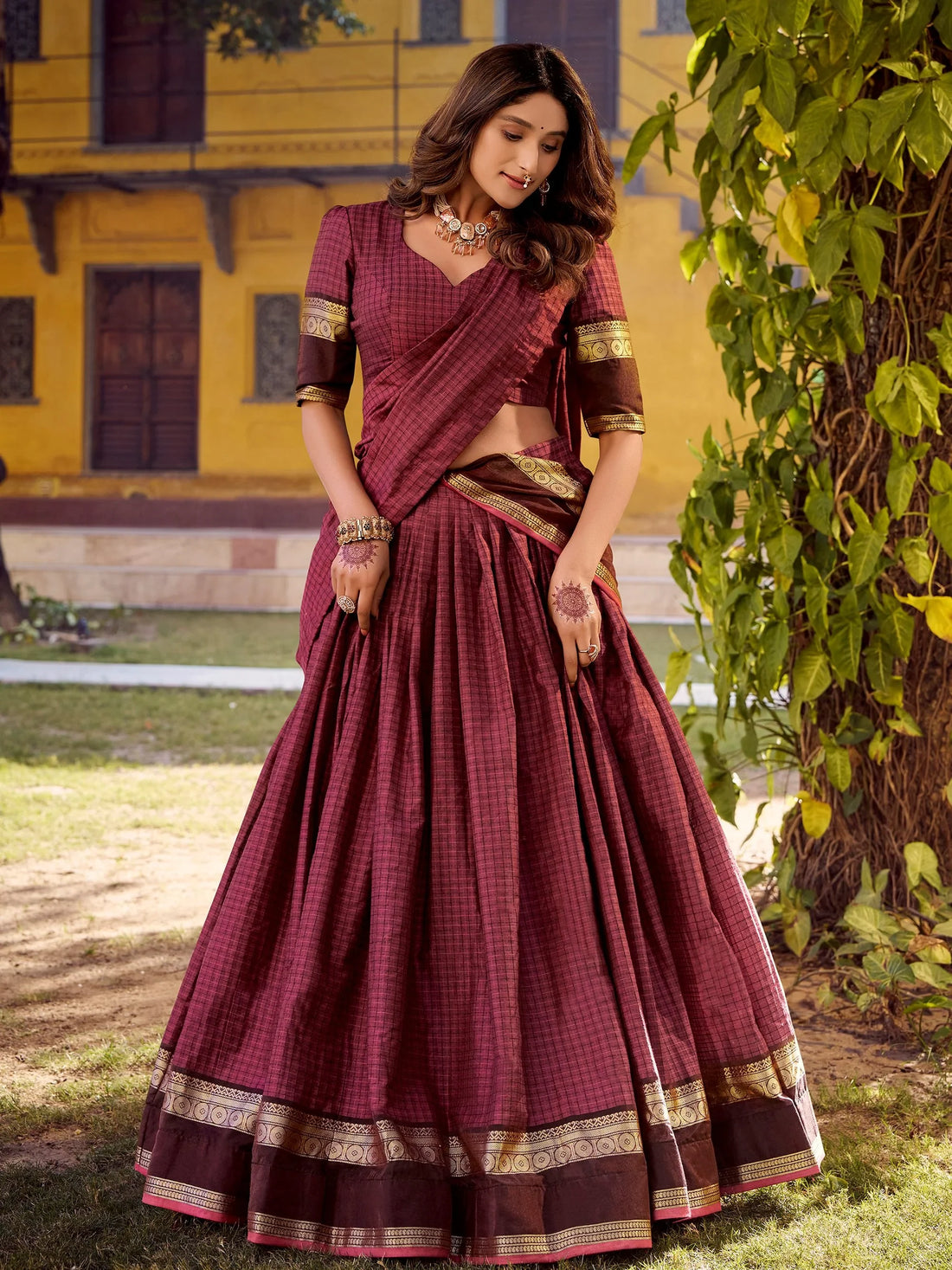 Radiant Maroon Zari Weaving Cotton Wedding Lehenga Choli With Dupatta