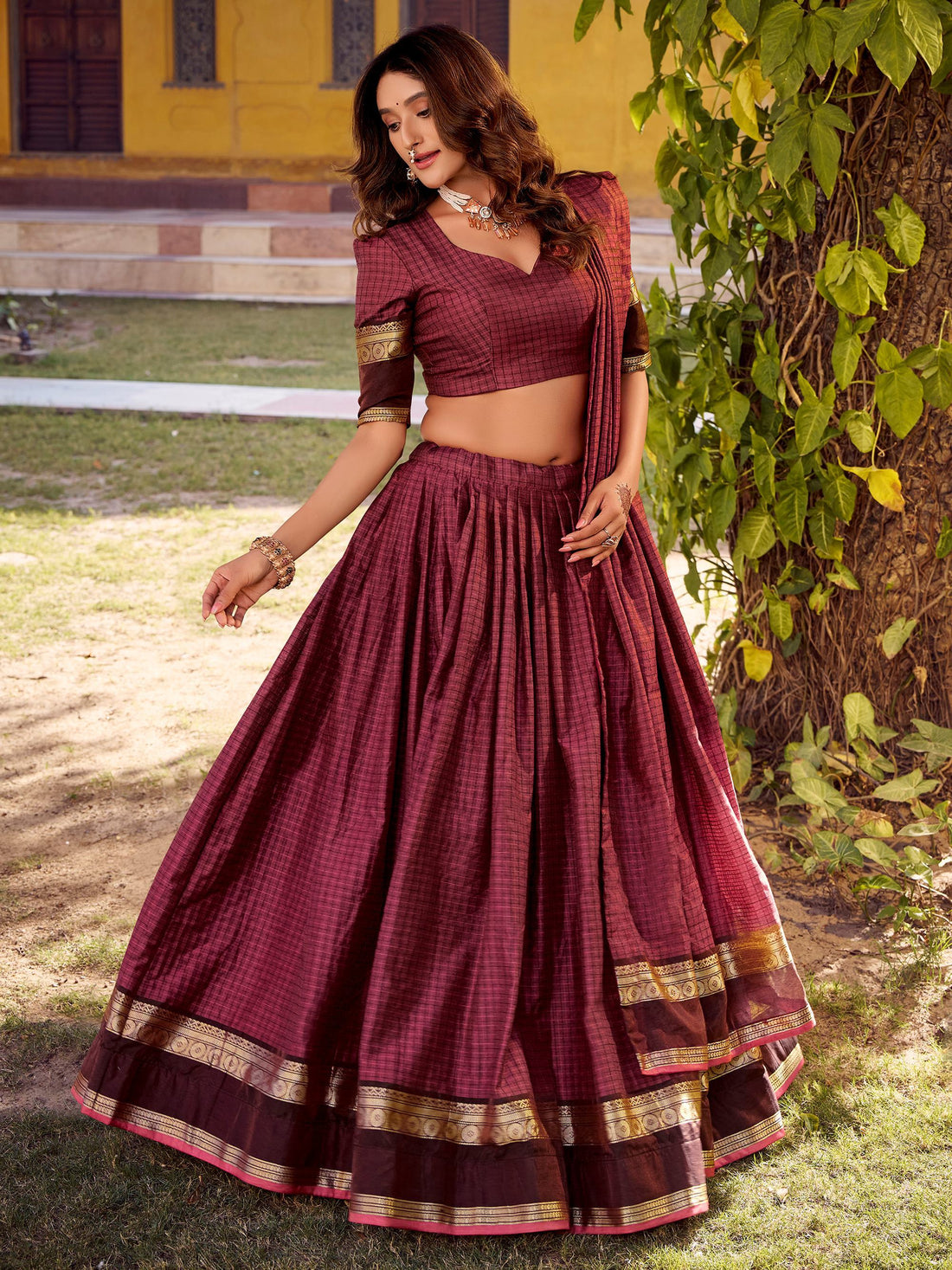 Radiant Maroon Zari Weaving Cotton Wedding Lehenga Choli With Dupatta