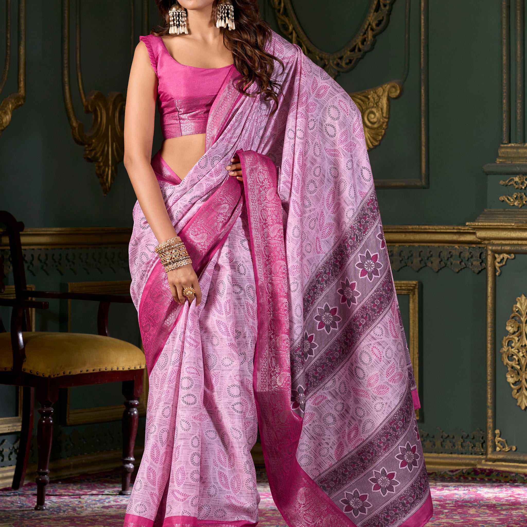 Beautiful Pink Printed Dola Silk Festival Wear Saree With Blouse