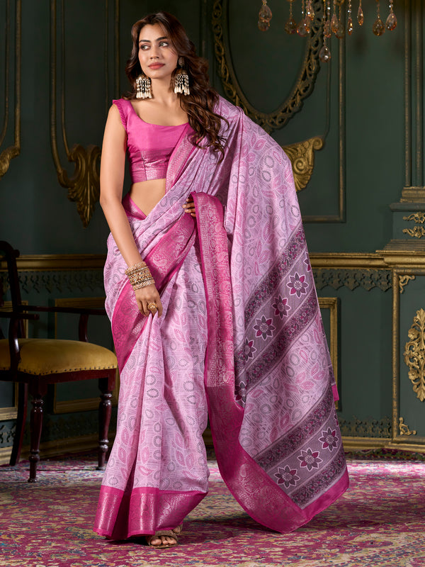Beautiful Pink Printed Dola Silk Festival Wear Saree With Blouse