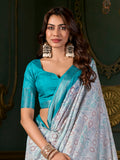 Amazing Teal Blue Printed Dola Silk Festival Wear Saree With Blouse
