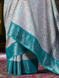 Amazing Teal Blue Printed Dola Silk Festival Wear Saree With Blouse