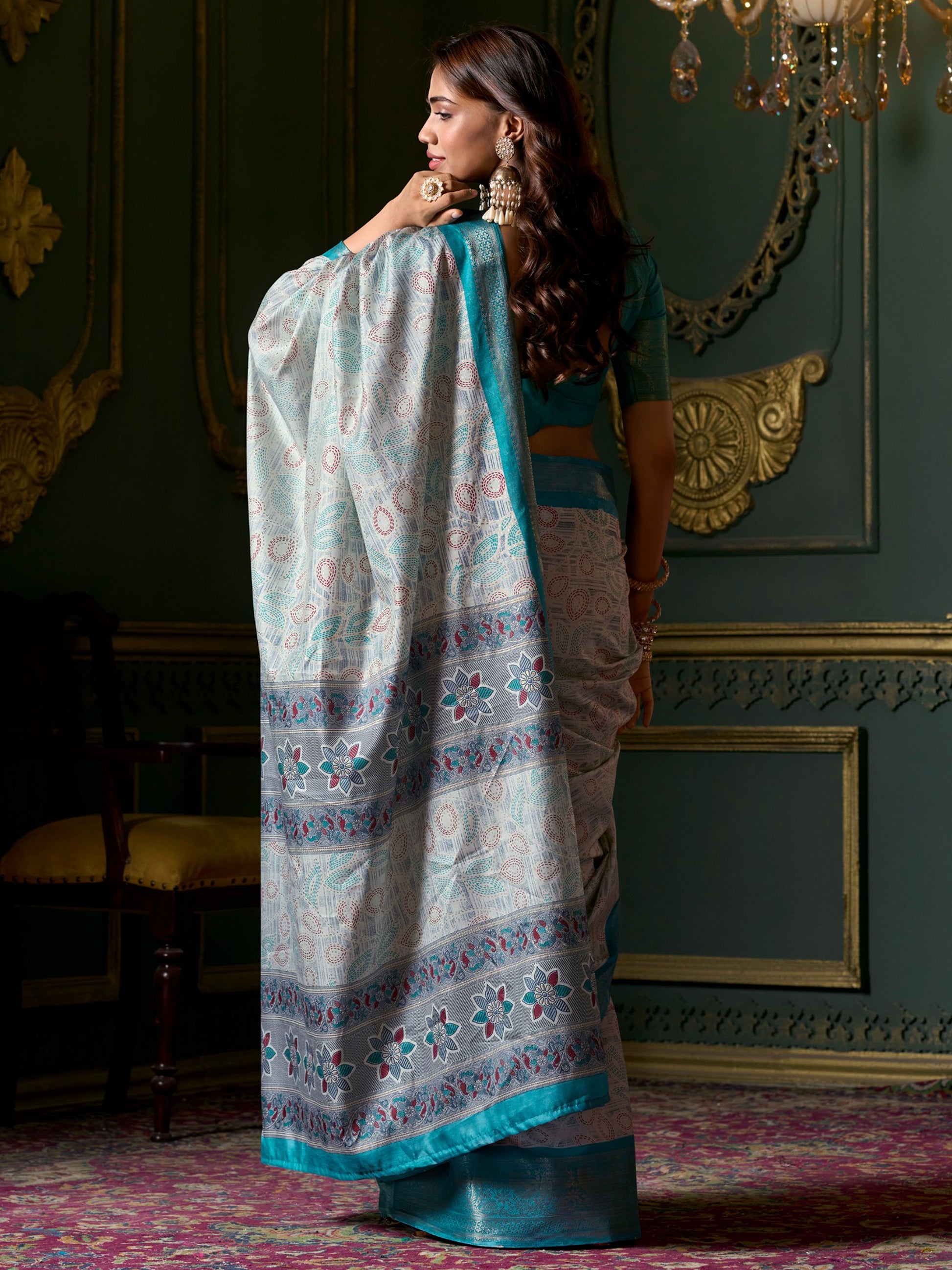 Amazing Teal Blue Printed Dola Silk Festival Wear Saree With Blouse